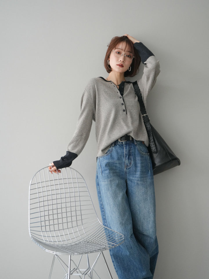 [SET]ヘンリーネック配色ニットソー+選べるアクセセット(2set)