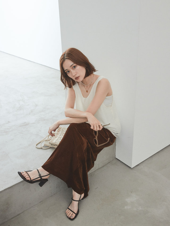 [SET]ワッシャーサテンシアーレイヤードタンクトップ+ベロアナロースカート(2set)