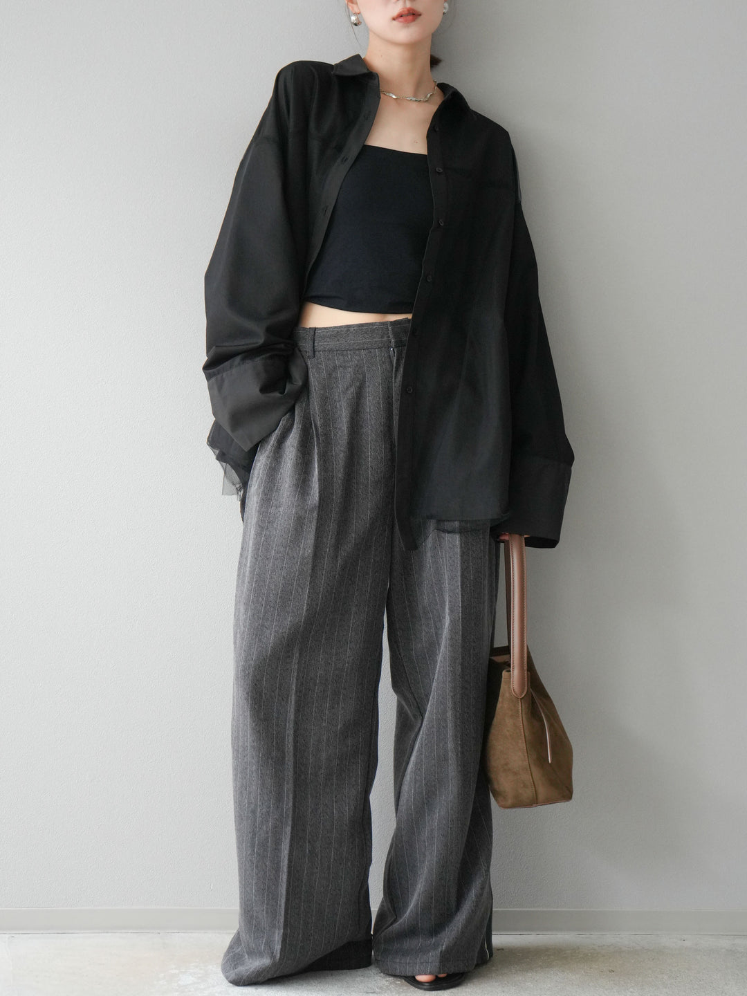 [予約]サイドラインストライプワイドパンツ/チャコール