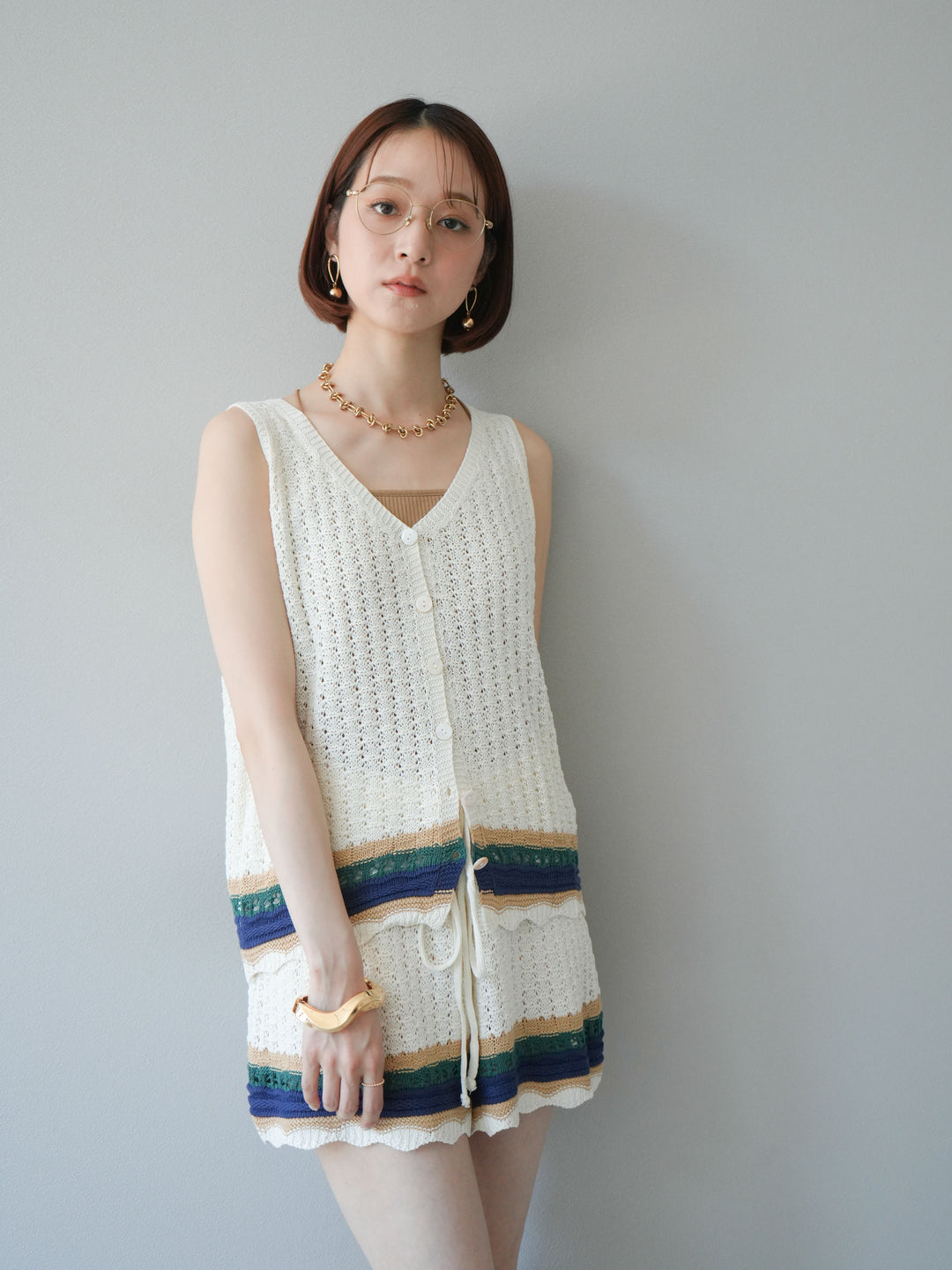 [SET]裾マルチボーダーニットベスト＆ショートパンツ SET UP(2set)