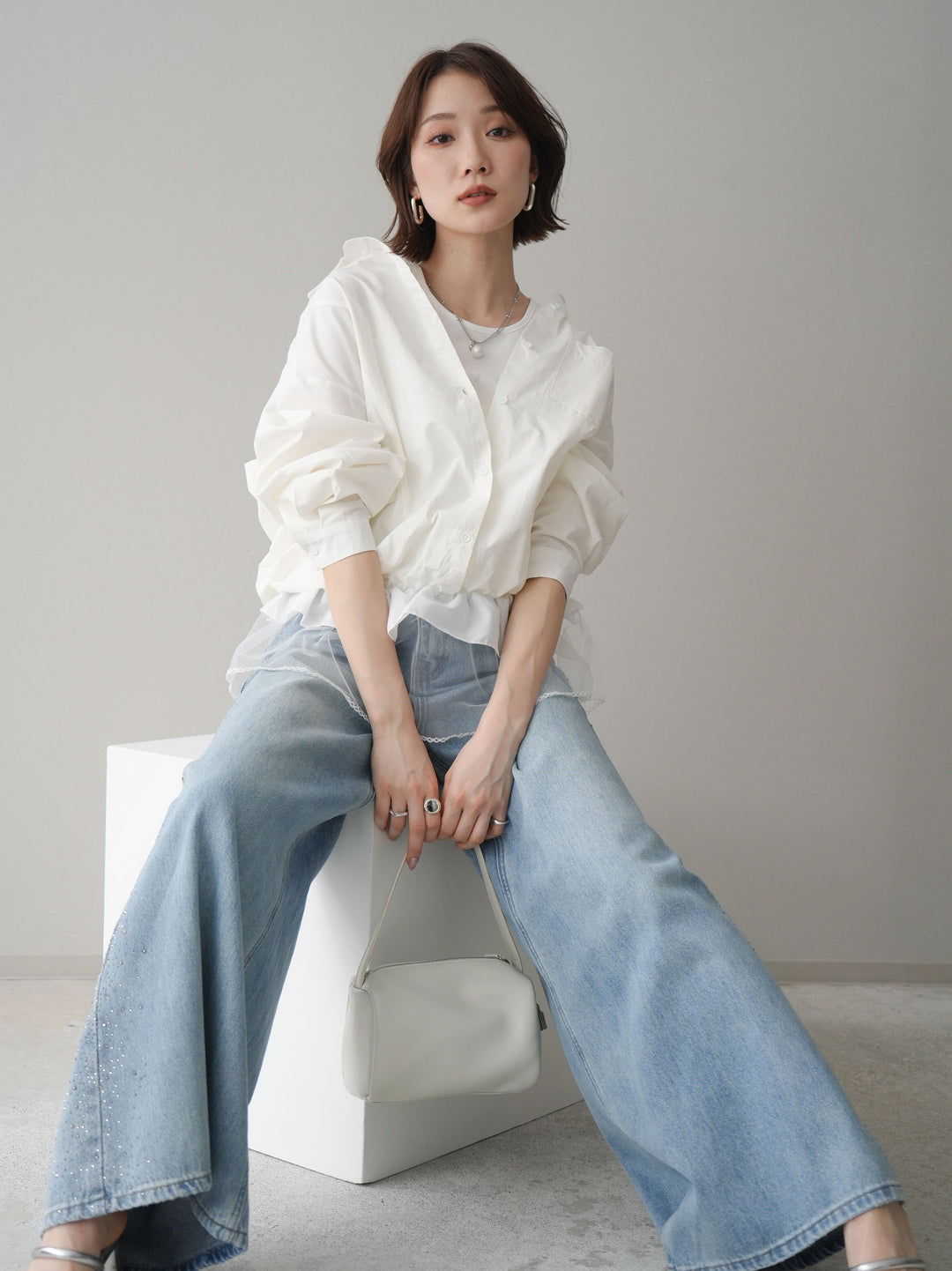 [予約]裾チュールノースリーブカットソー＆シャツドッキングトップス/white