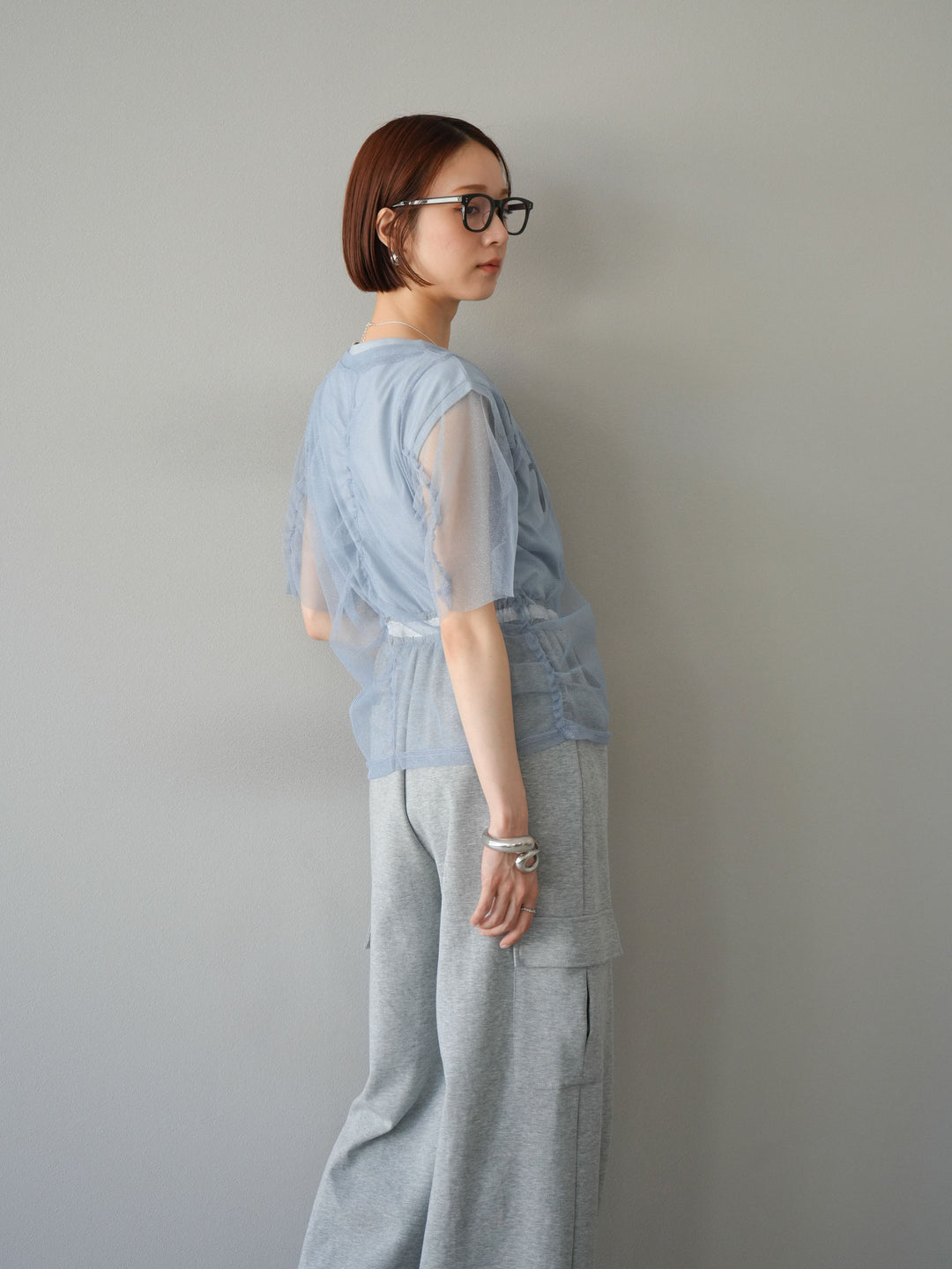 [SET]ラメチュールシャーリングプルオーバー+コード刺繍フレンチスリーブTシャツ+ウエストラインサイドポケットスウェットパンツ(3set)