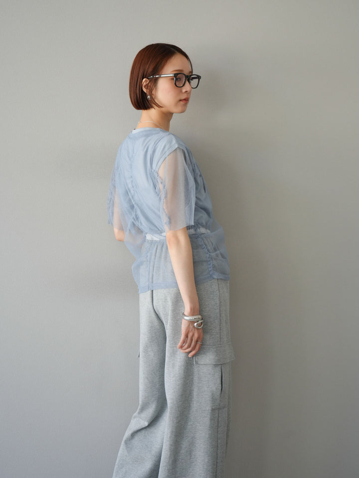 [SET]ラメチュールシャーリングプルオーバー+コード刺繍フレンチスリーブTシャツ+ウエストラインサイドポケットスウェットパンツ(3set)