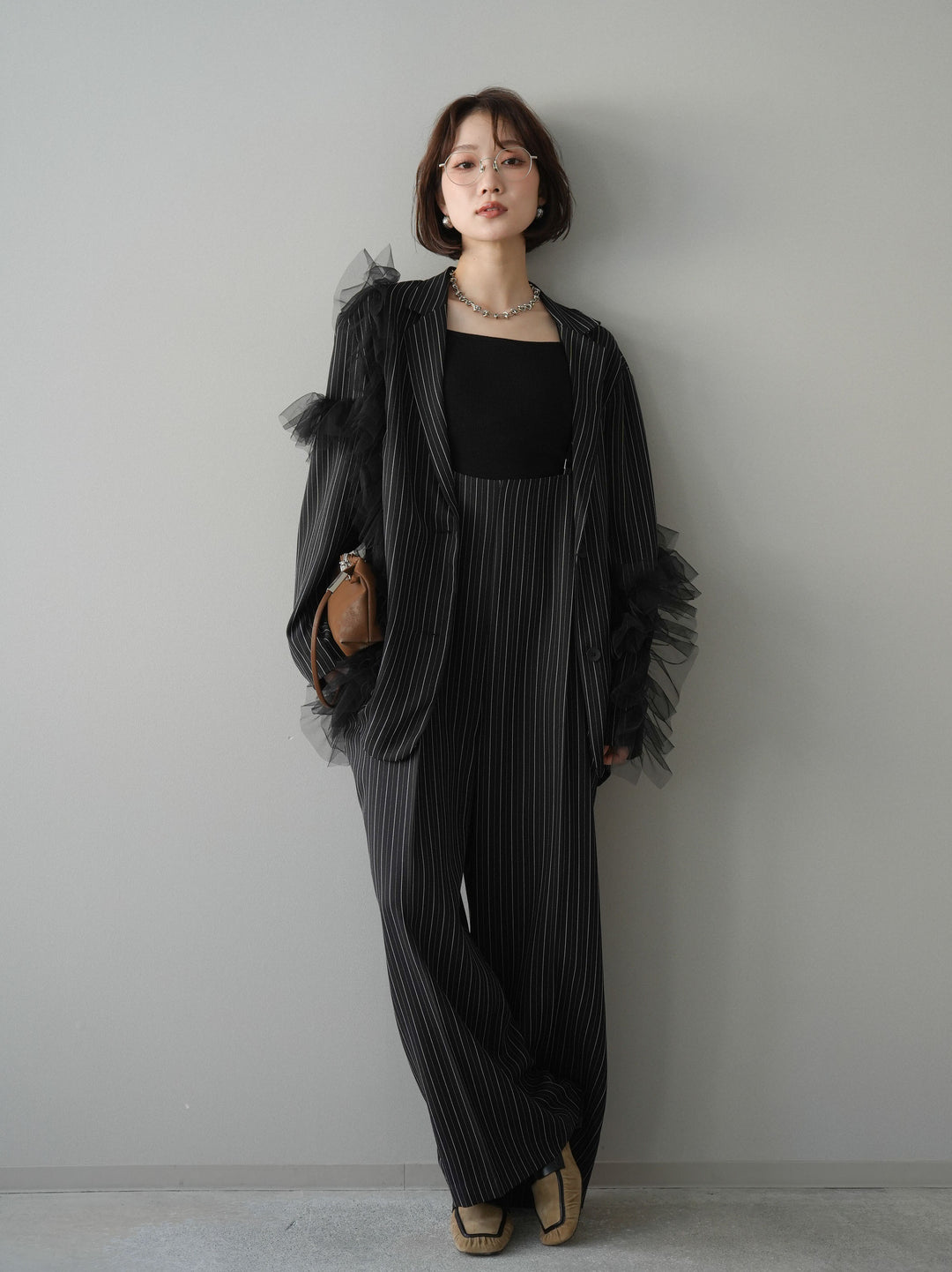 [SET]アシンメトリーチュールストライプジャケット+ヘリンボーンストライプサロペット(2set)