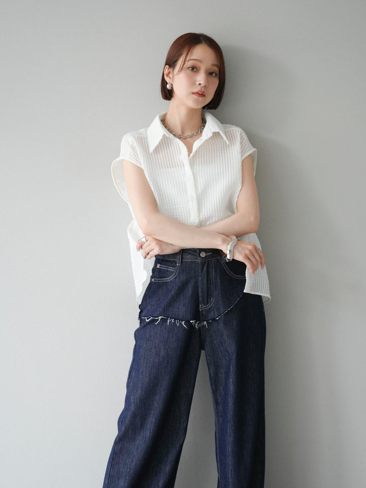 [SET] 透視格紋無袖襯衫 + 臀部設計牛仔褲（2 套）