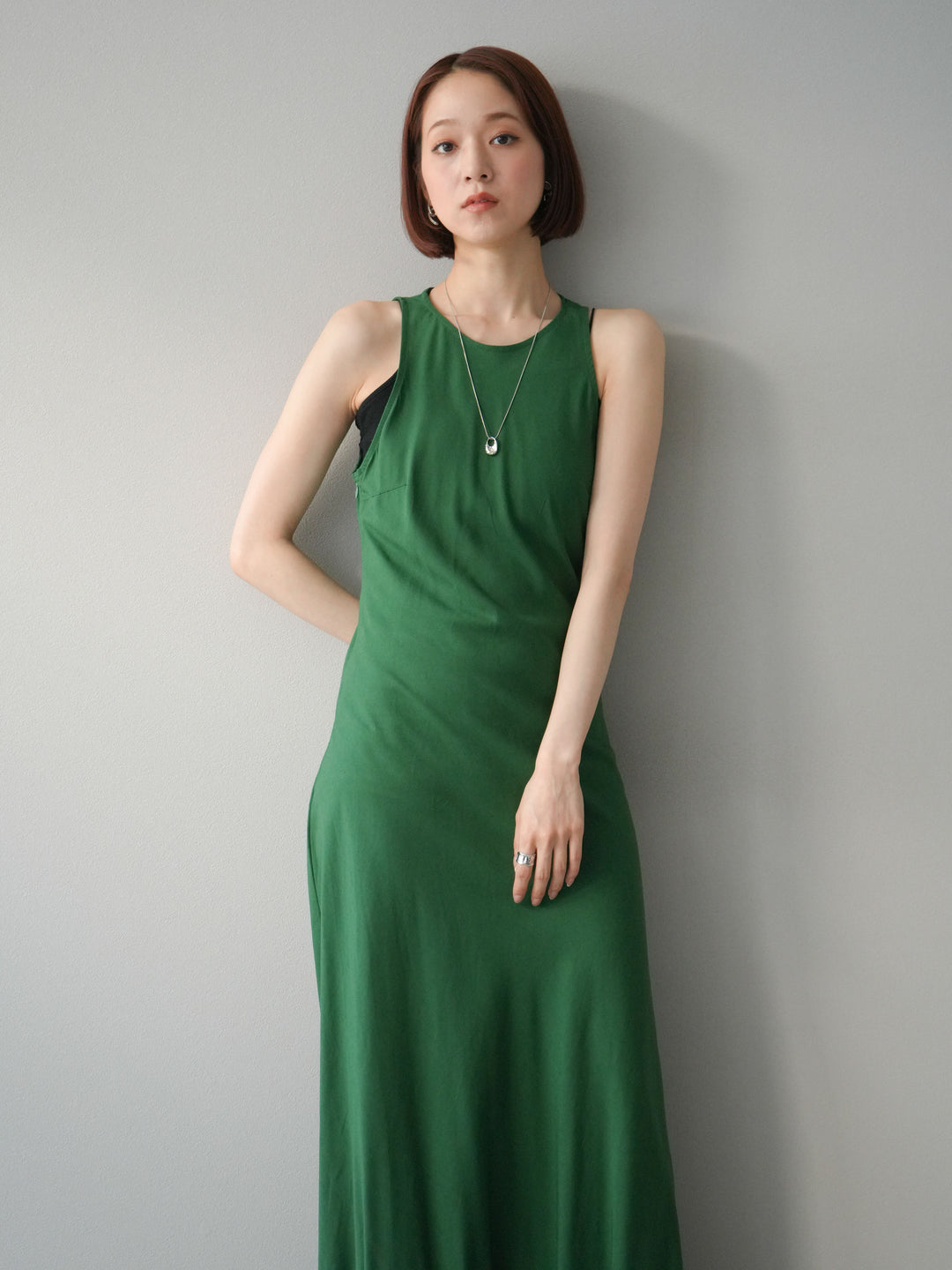 [予約]リネンタッチノースリーブワンピース/グリーン
