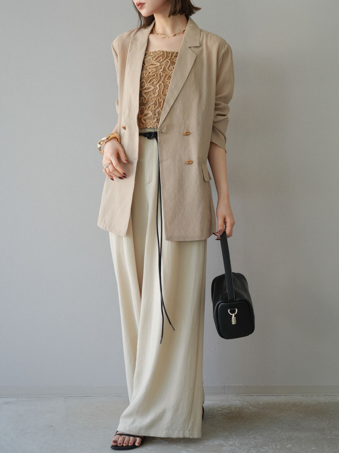 【預購】繩紋設計腰帶亞麻觸感寬褲/米色