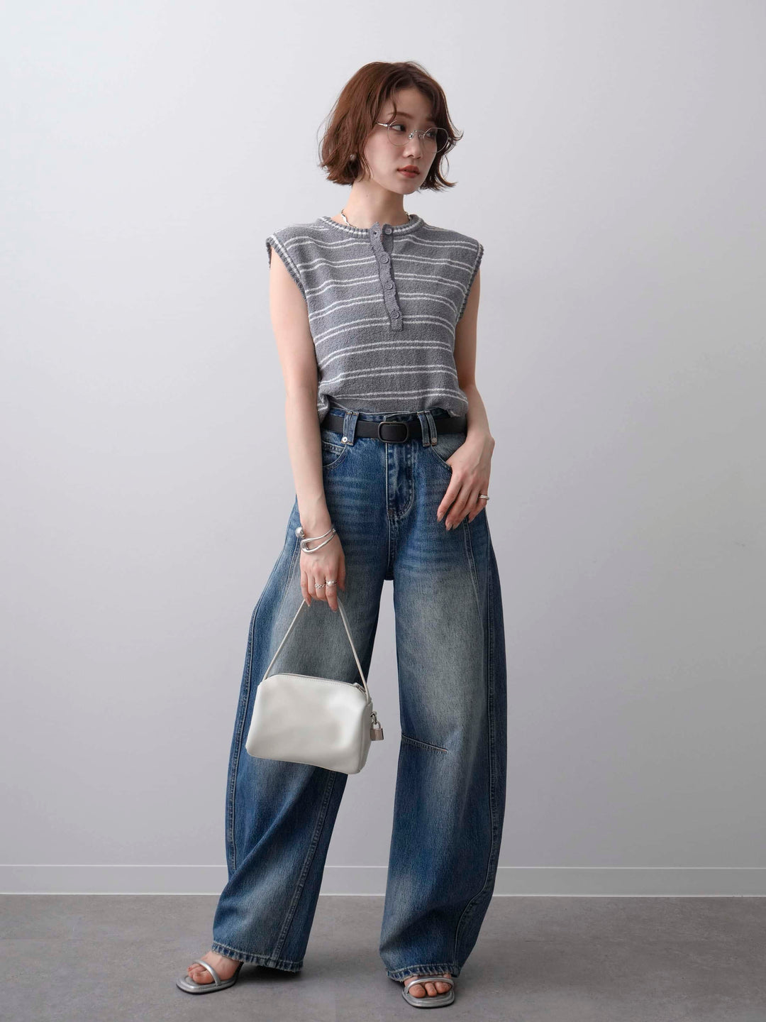 [SET]ボーダーヘンリーノースリニットトップス+立体カーブデニムパンツ(2set)