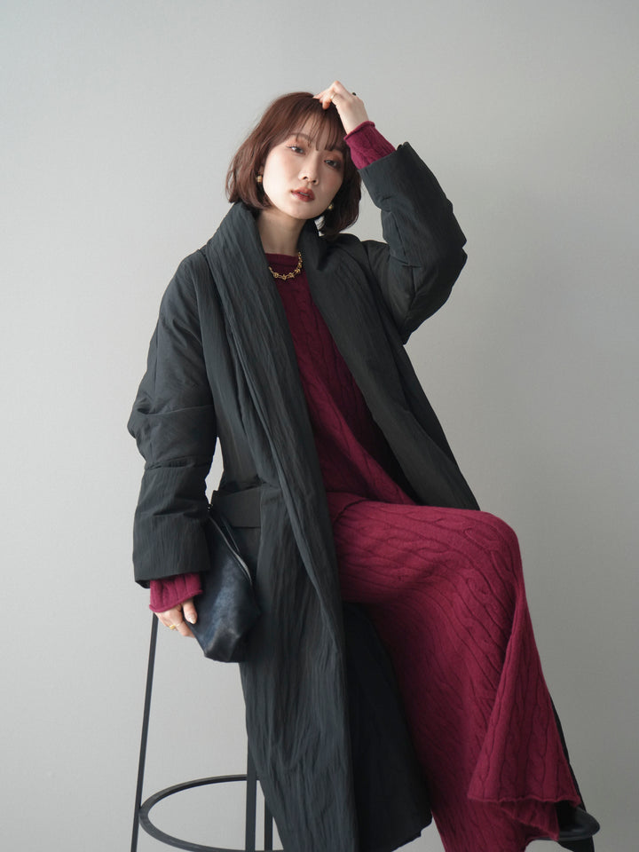 [SET]ストール付ケーブルニットプルオーバー&ロングスカートSET UP+ロングダウンコート(2set)