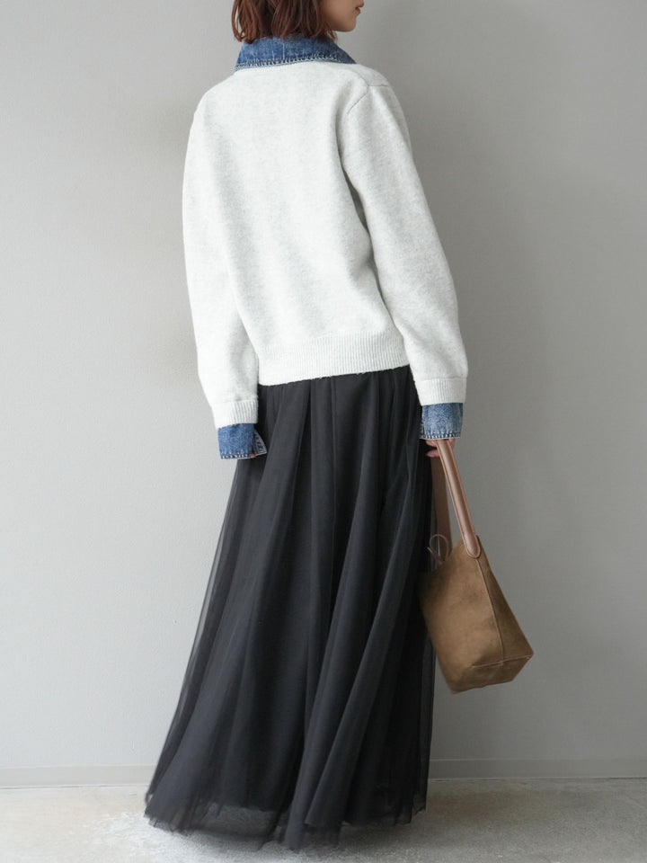 [SET]デニム襟ボタンニットカーディガン+チュールボリュームスカート(2set)