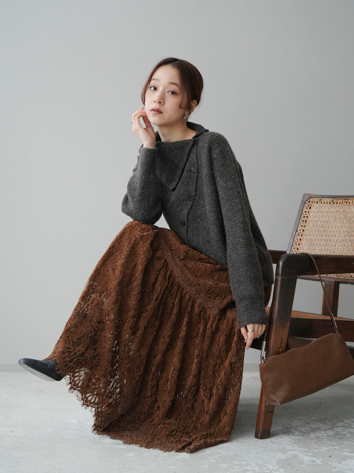 [SET]ハイネックデザインボタンニットカーディガン+起毛レースティアードスカート(2set)
