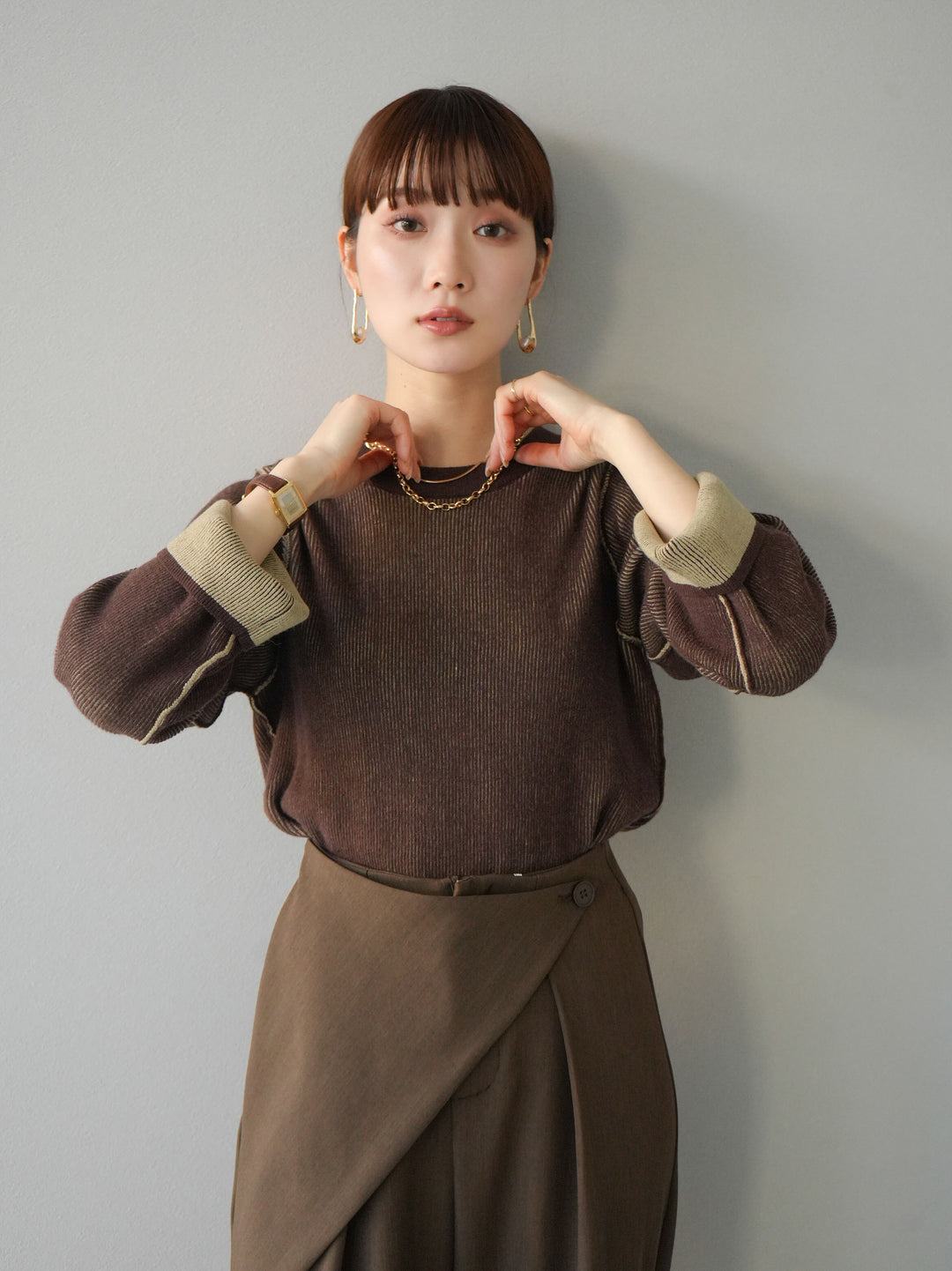 [套裝] 雙面配色羅紋針織套頭衫 + 可選飾品套裝（2 套）