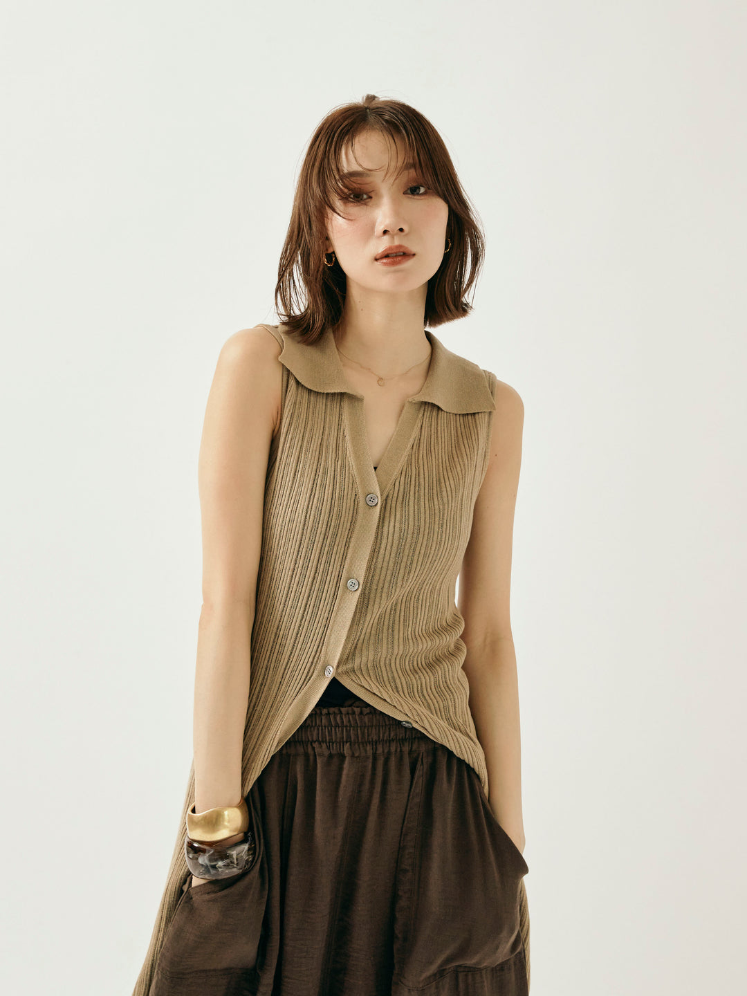 [予約]襟付きランダムリブロングニットカーディガン/ベージュ