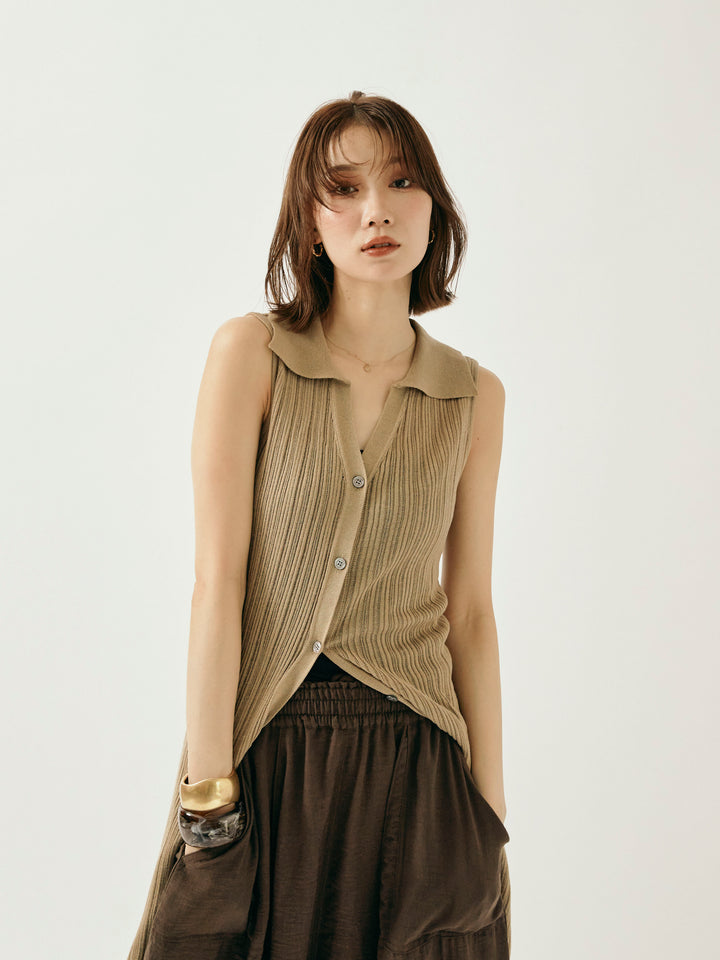 [予約]襟付きランダムリブロングニットカーディガン/ベージュ