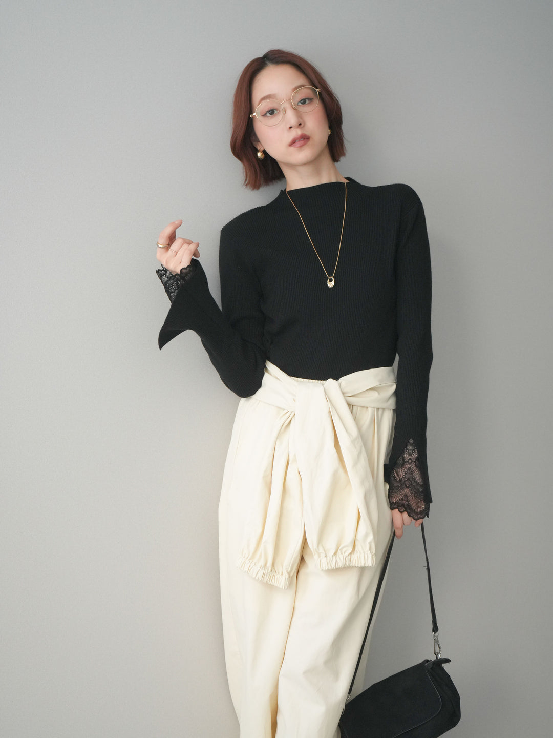 [SET]袖スカラップレースオフネックニットトップス+ウエスト巻きデザインドロストコットンナイロンパンツ(2set)