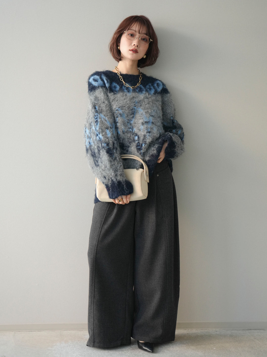 [SET]シャギーニュアンス柄ニットプルオーバー+ベルト付起毛コクーンパンツ(2set)