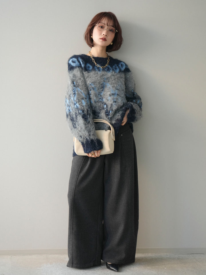 [SET]シャギーニュアンス柄ニットプルオーバー+ベルト付起毛コクーンパンツ(2set)