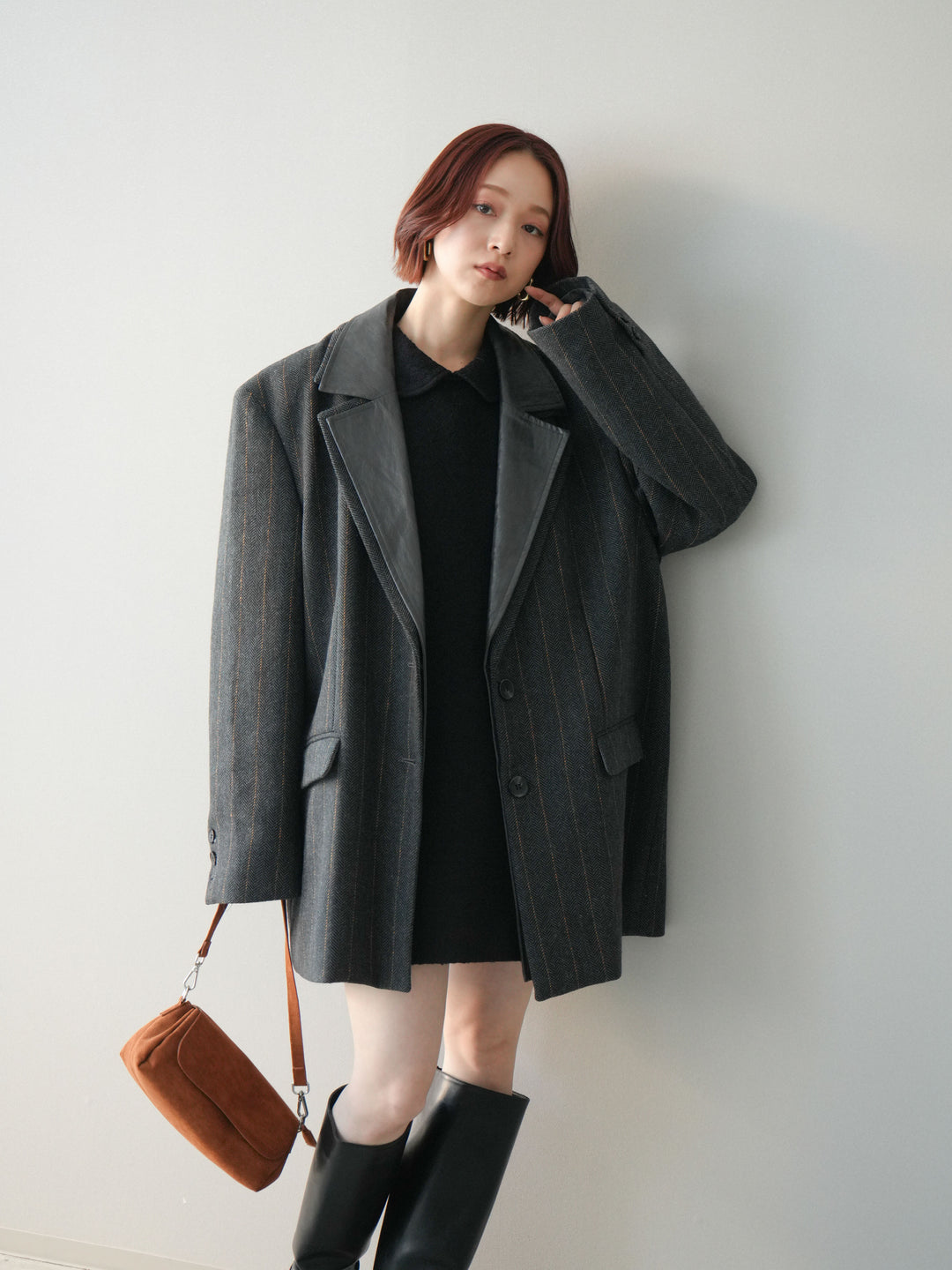 [SET]襟付きブークレミニワンピース+レイヤードデザインツイードテーラードジャケット(2set)