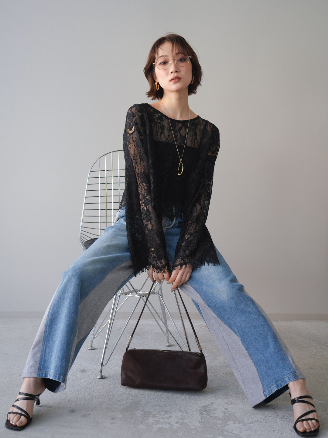 [SET]2WAYスリーブレーストップス+デニム切替スウェットパンツ(2set)