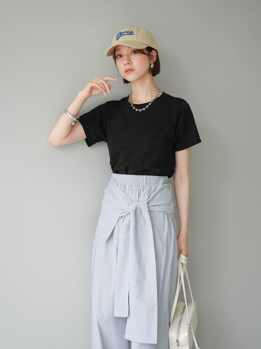 [SET]ビスチェデザインTシャツ+ウエスト巻きストライプイージーパンツ(2set)