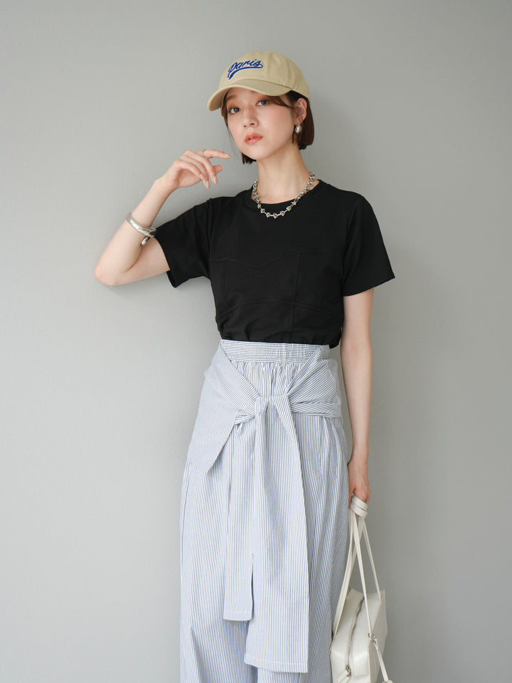 [SET]ビスチェデザインTシャツ+ウエスト巻きストライプイージーパンツ(2set)