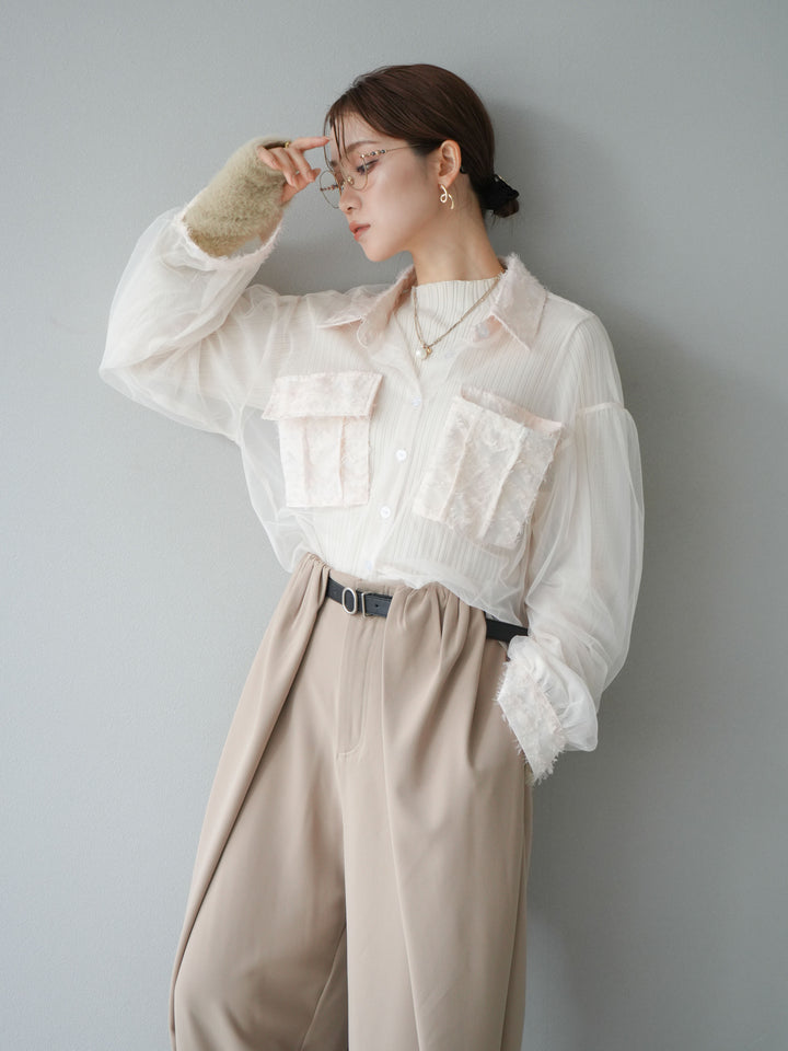 [SET]フリンジジャガード×チュールレイヤードシャツ+アームシャギーランダムリブニットトップス+ベルト付タックワイドパンツ(3set)