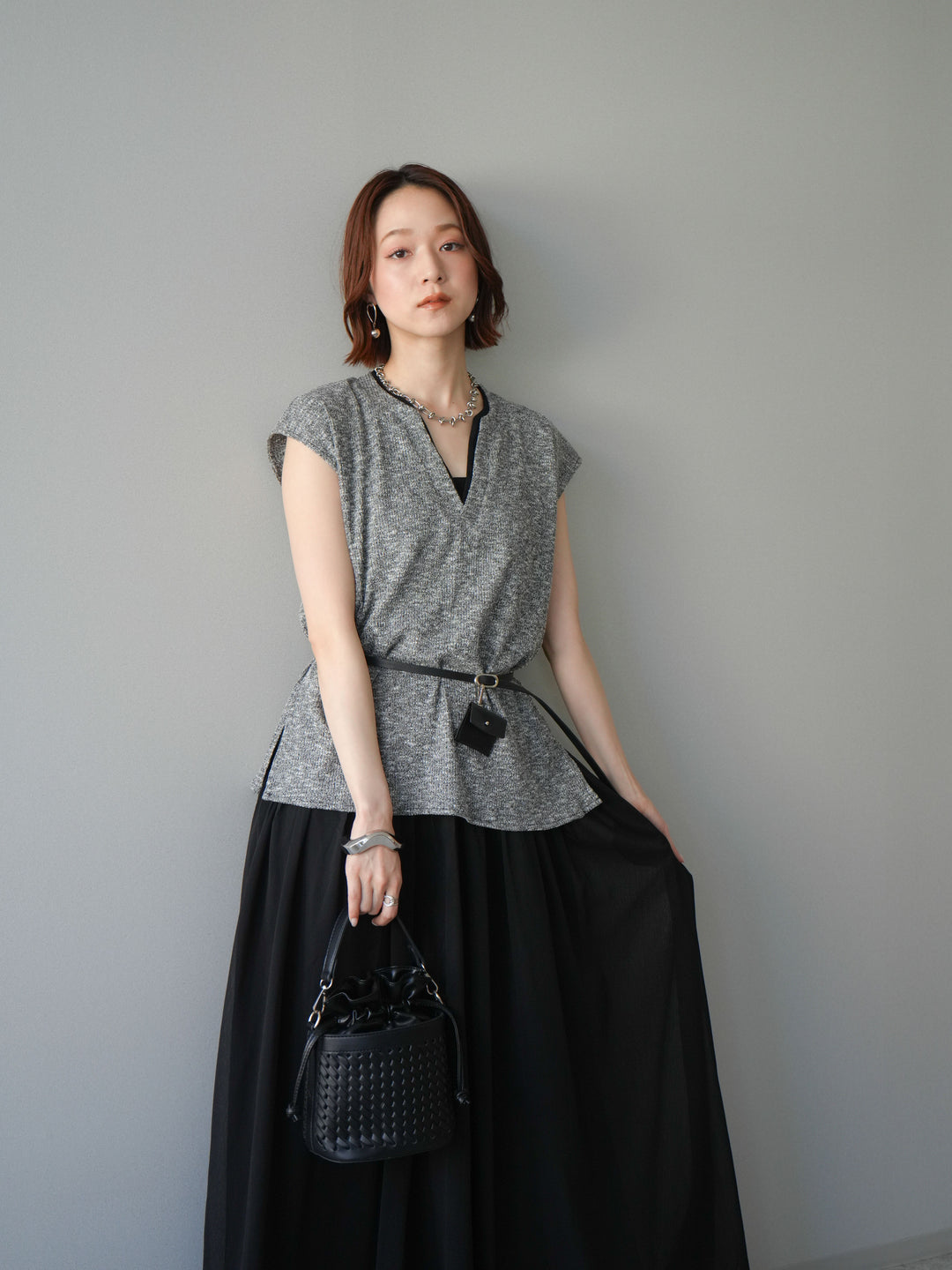 [予約]ベルト付シフォンコンビジャージワンピース/black