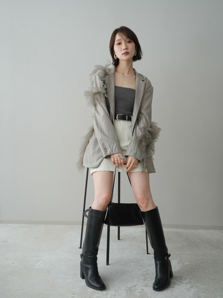 [予約]アシンメトリーチュールストライプジャケット/greige