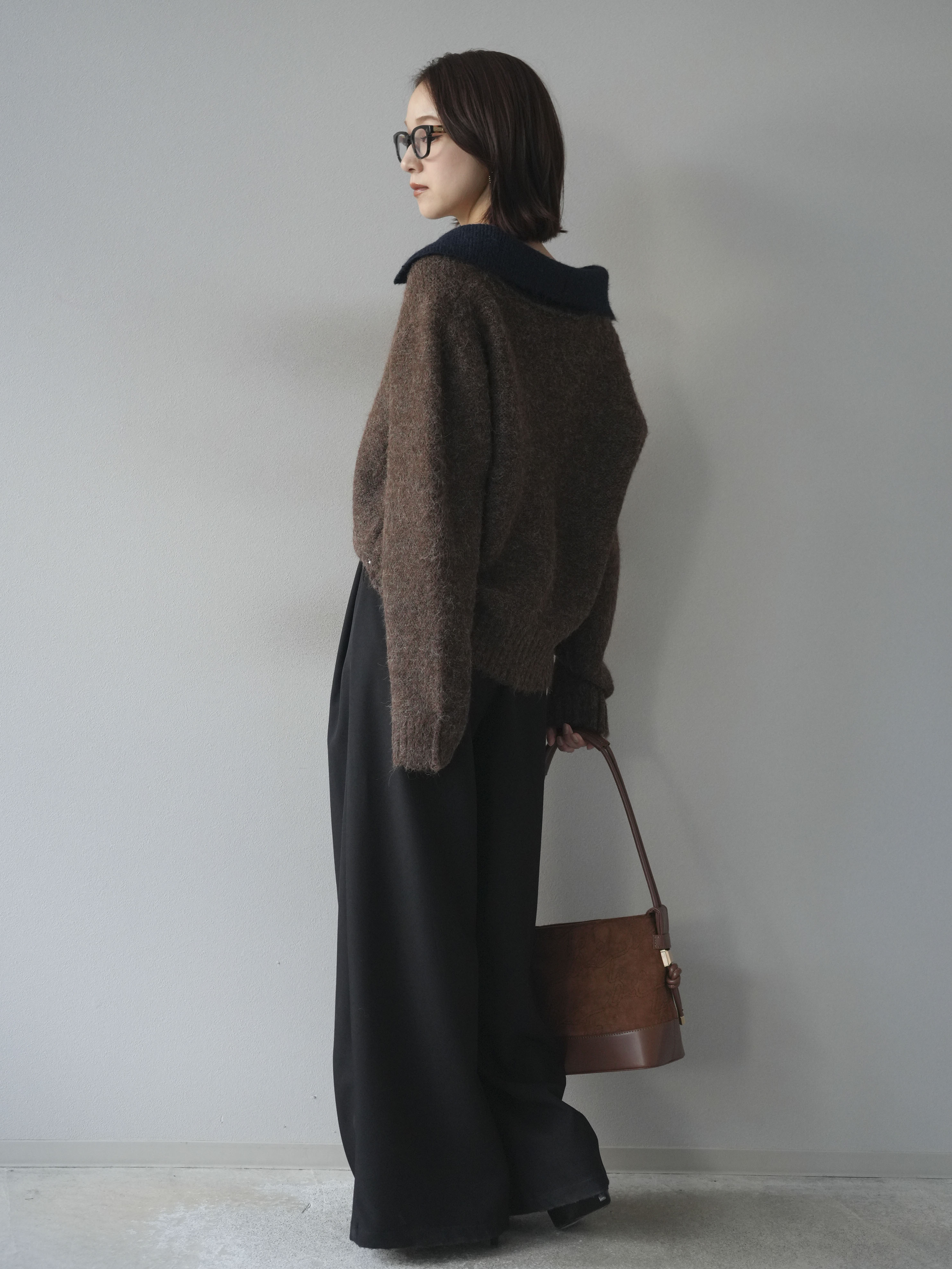 SET]バイカラー襟付きニットプルオーバー+ベルトループデザインワイド