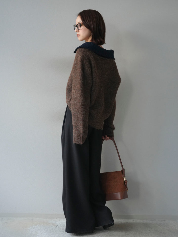 [SET]バイカラー襟付きニットプルオーバー+ベルトループデザインワイドパンツ(2set)