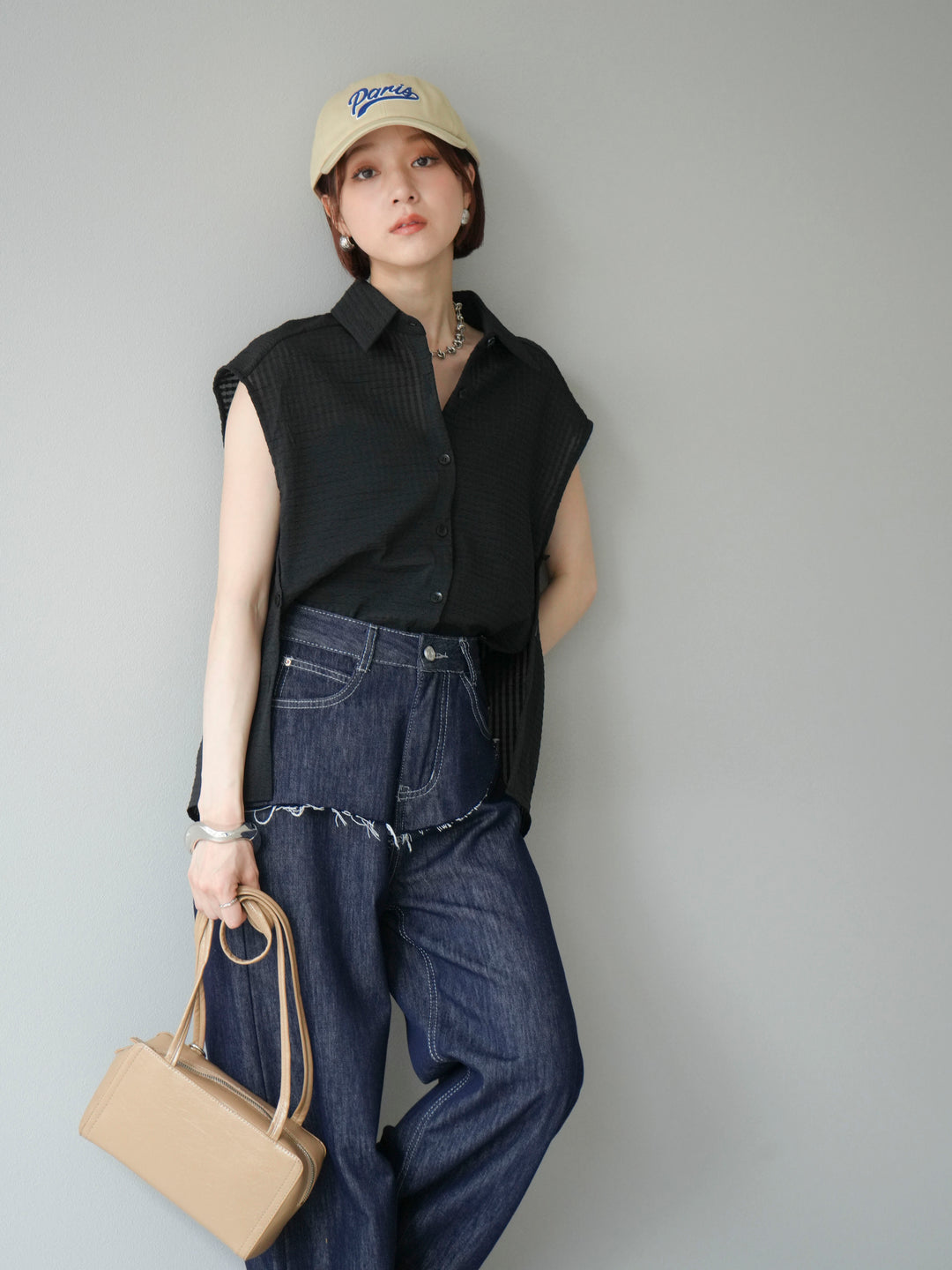 [予約]シアーチェックノースリーブシャツ/ブラック