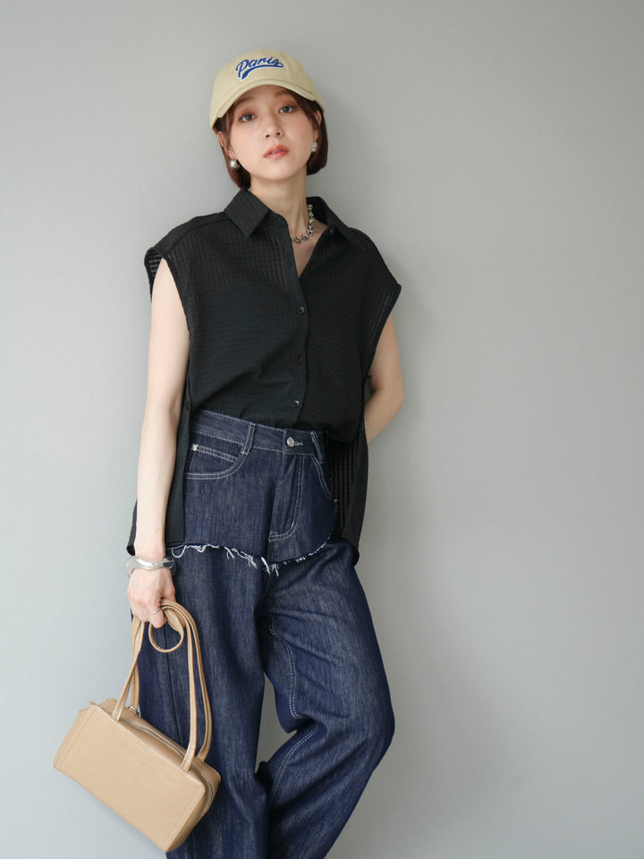 [予約]シアーチェックノースリーブシャツ/ブラック