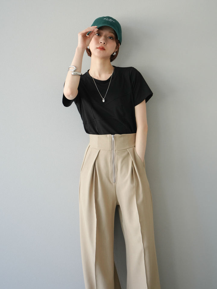 [SET]ビスチェデザインTシャツ+ジップタックワイドパンツ(2set)