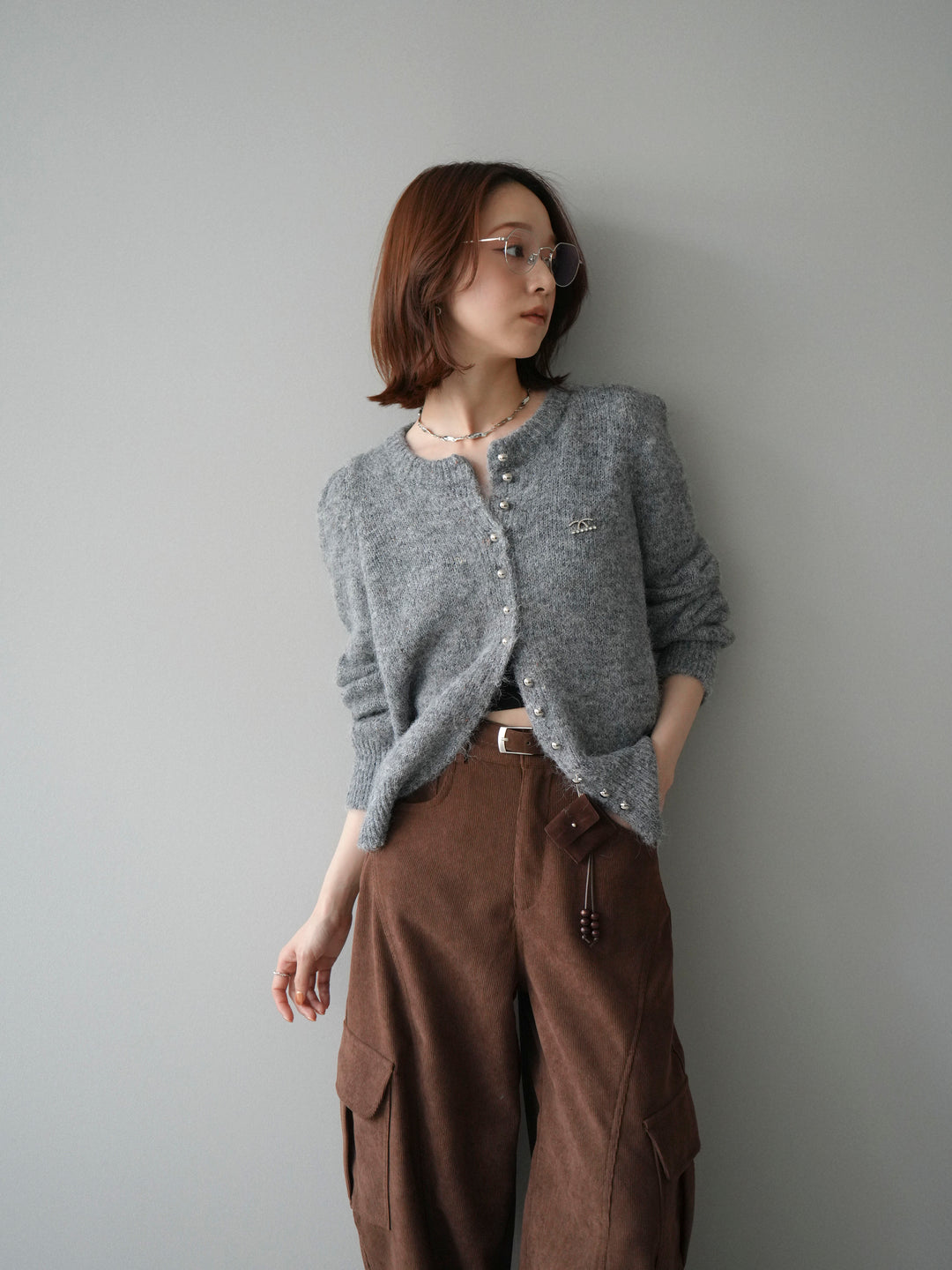 [SET]ブローチ付silverボタンミックスニットカーディガン+選べるアクセセット(2set)