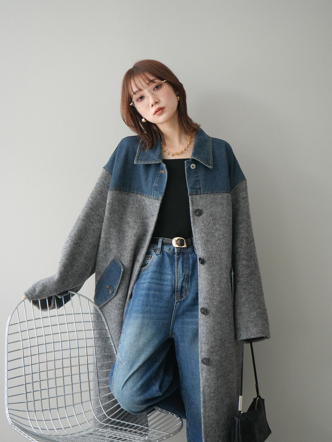 [予約]デニム切替シャギーステンカラーコート/gray