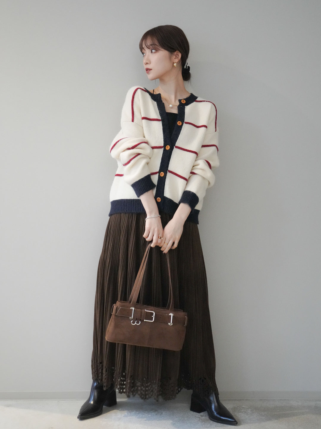 [予約]パンチングデザインスエードプリーツスカート/brown