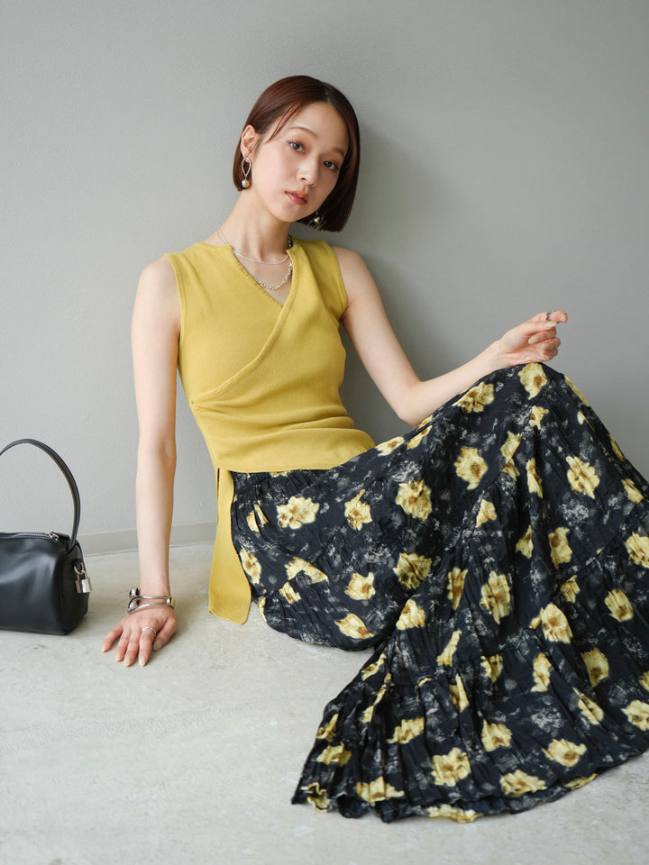 [SET]カシュクールノースリーブニットトップス+フラワーワッシャーロングスカート(2set)