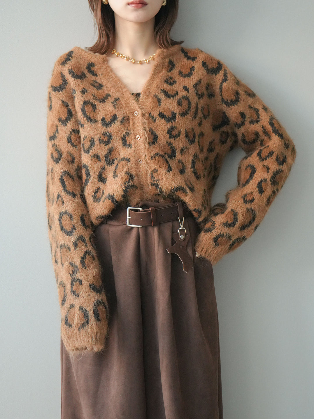 [SET]モヘアタッチレオパード柄ニットカーディガン+モヘアタッチレオパード柄ニットカーディガン(2set)