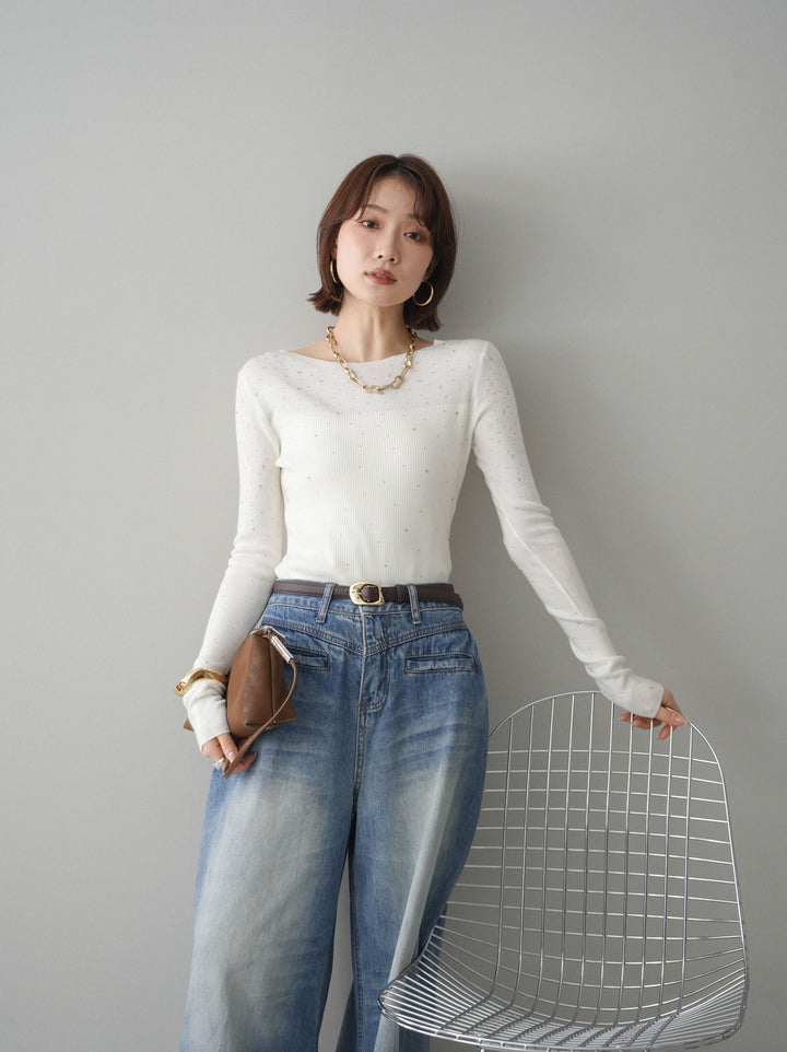 [SET]スパンコールシアーニットトップス+選べるアクセセット(2set)