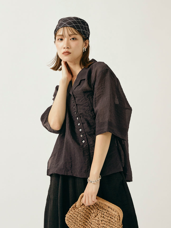 【Allure】[SET]シャイニースラブシアー開襟ハーフシャツ+リネンライクベイカーバルーンパンツ(2set)