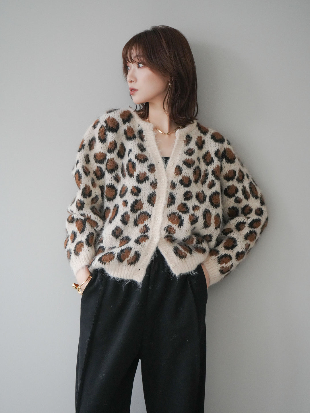 [予約]モヘアタッチレオパード柄ニットカーディガン/apricot