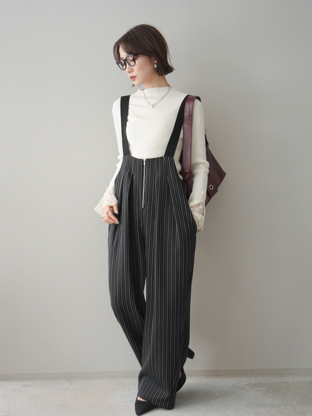 [SET]袖スカラップレースオフネックニットトップス+グログランテープストライプサロペット(2set)