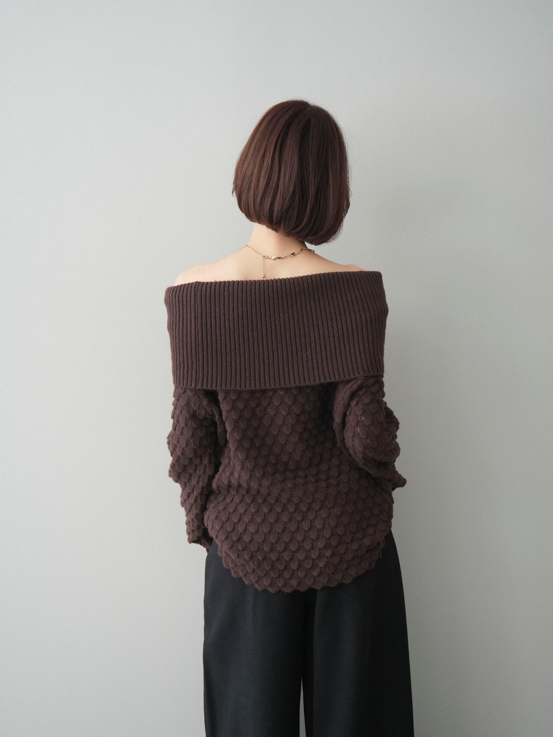 [予約]ポコポコ編みオフショルニットプルオーバー/brown