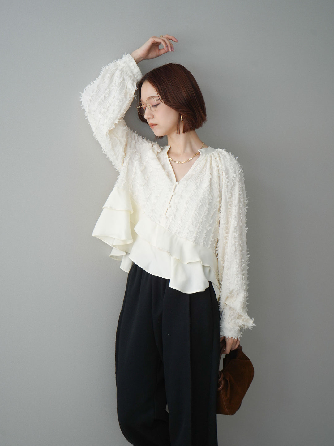 [SET]ジャガードぺプラムフリルブラウス+2WAYデザインスウェットパンツ(2set)