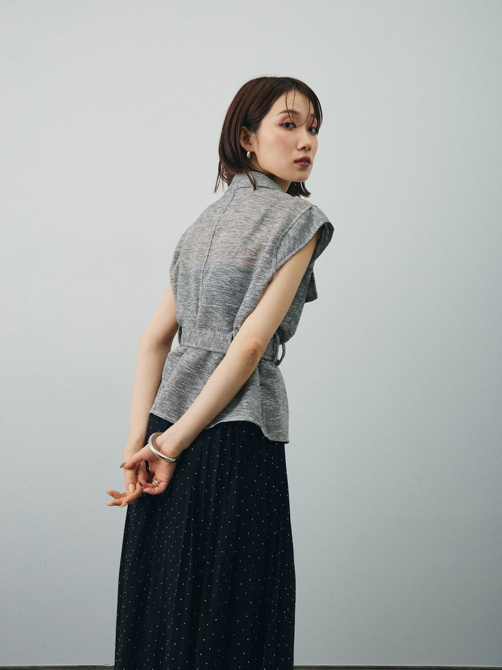[SET]ミックスヤーンメッシュブラウス+ラインストーンプリーツスカート(2set)