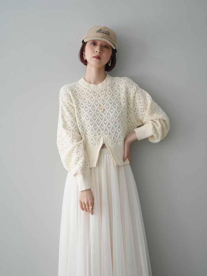 [予約]透かし編みフロントジップスリットニットプルオーバー/ivory