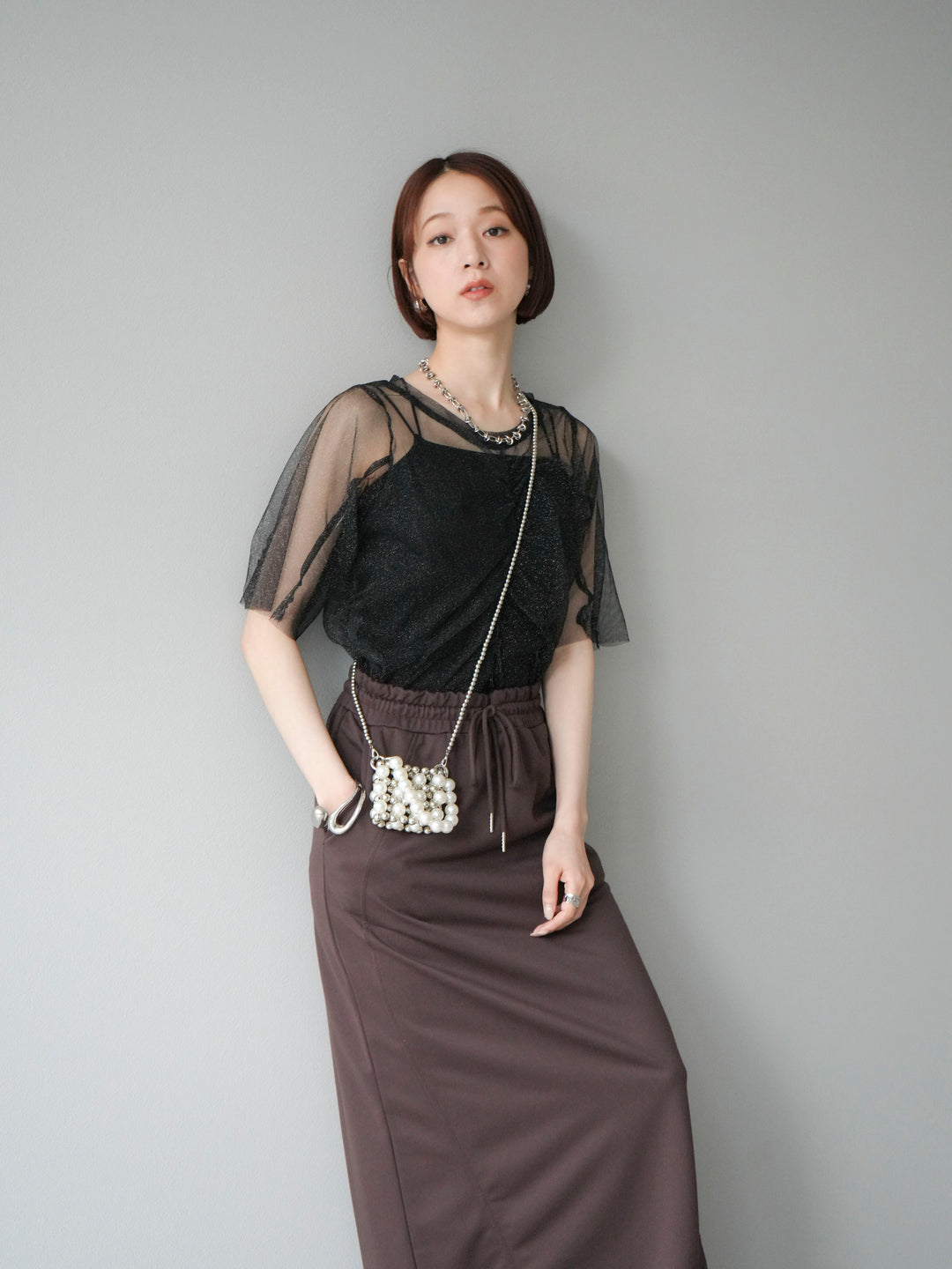 [SET]ラメチュールシャーリングプルオーバー+ダブルストラップカットリブブラキャミソール(2set)