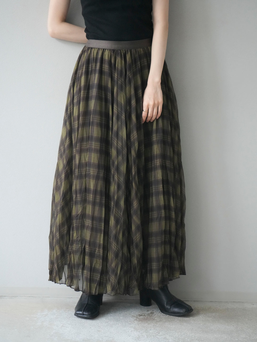 [予約]チェック柄ワッシャープリーツスカート/green