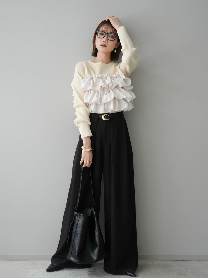 [SET]フリルビスチェドッキングスポンジニットプルオーバー+ベルトループデザインワイドパンツ(2set)
