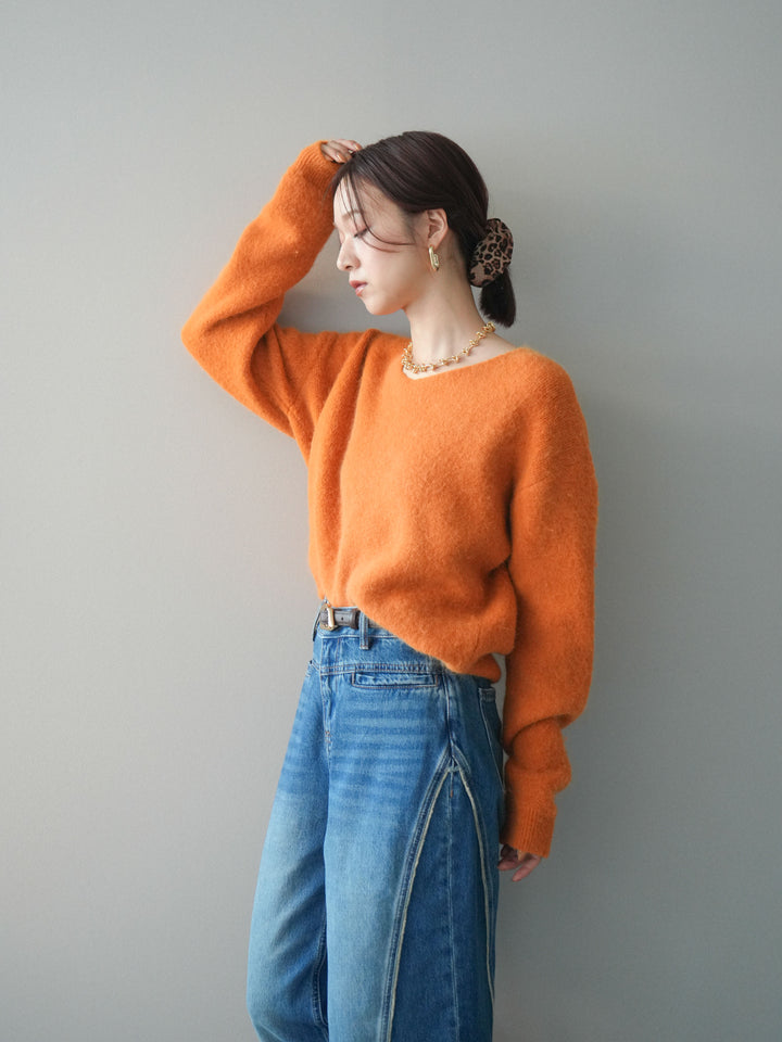 [SET]シュシュ付きアンゴラタッチVネックニットプルオーバー+サイドフリンジワイドデニムパンツ(2set)